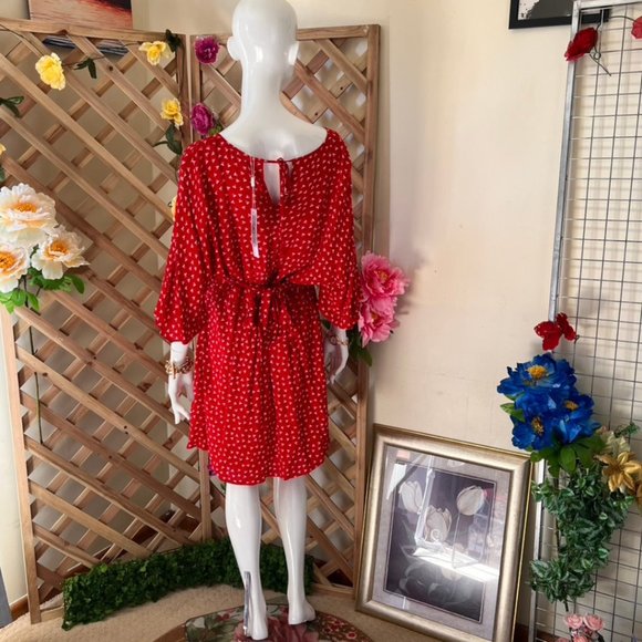 Stella Dress 12AU Red White Wrap Tie Waist leaves patterns V-Neck 3/4 Sleeves - Picture 8 of 10